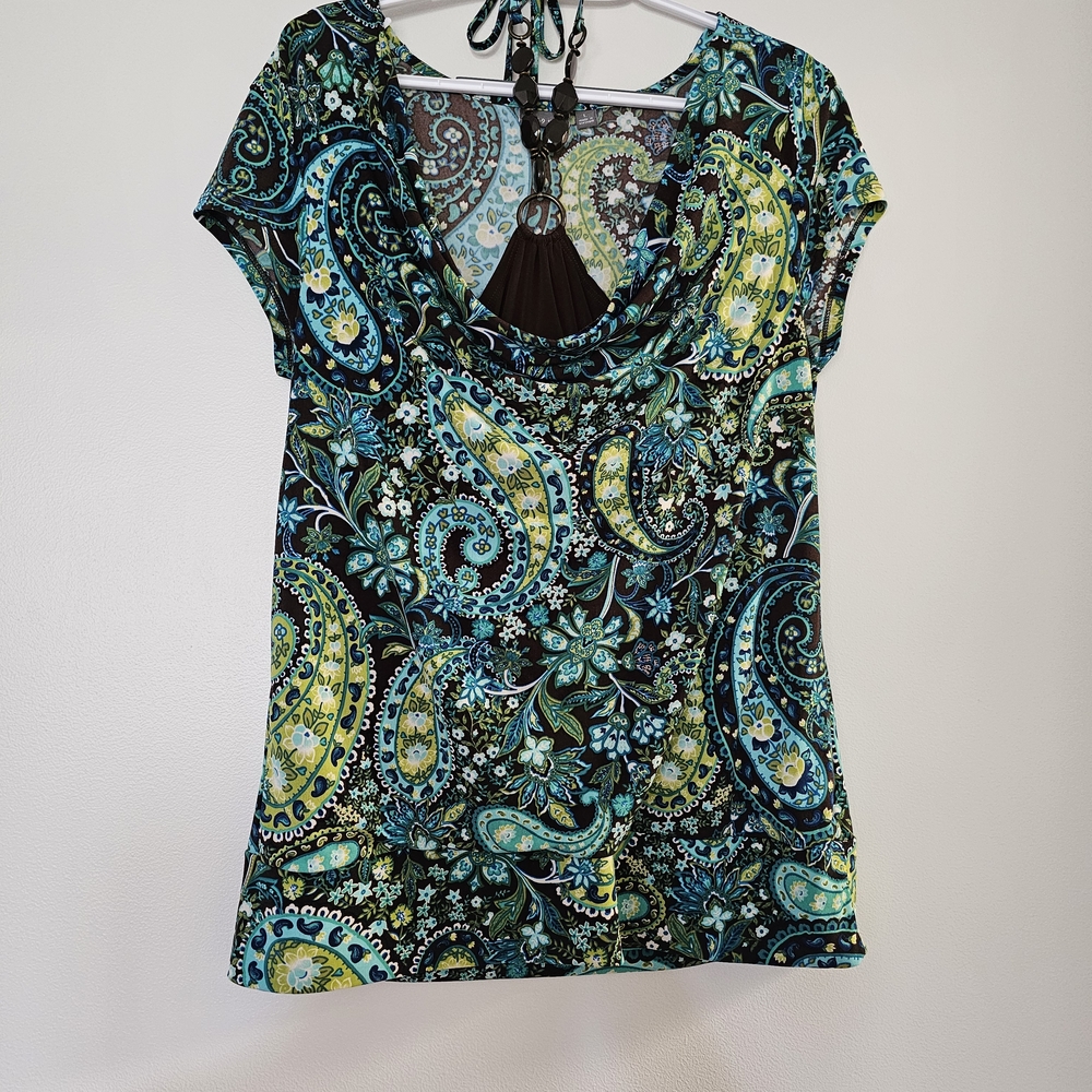 Apt. 9 Blue Green Cap Sleeve Halter Front Cowl Neck Blouse Boho Paisley Large